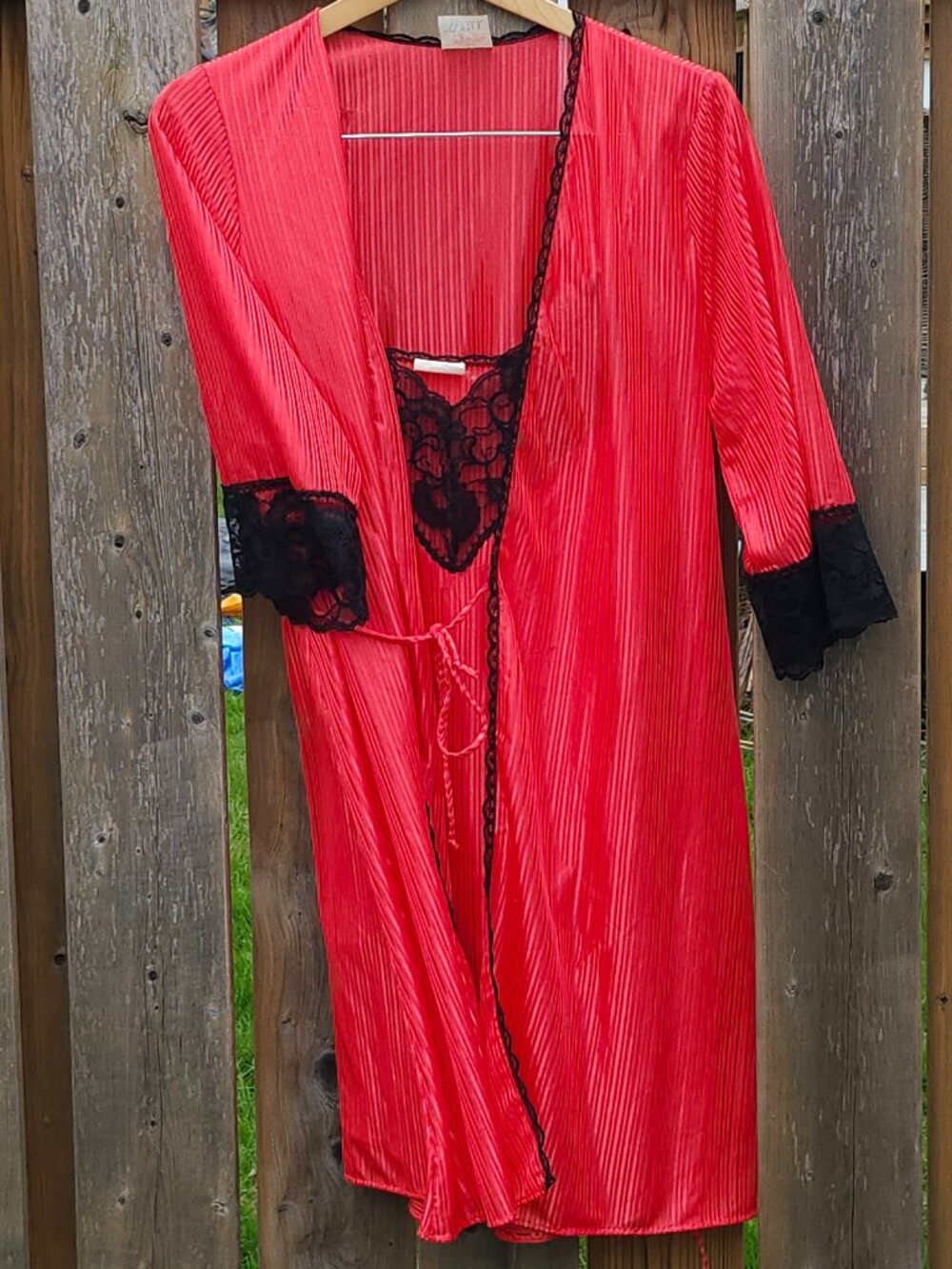 80s Vintage Avon Lingere Sleep Set Women's Size Medium Black Lace Red Stripe